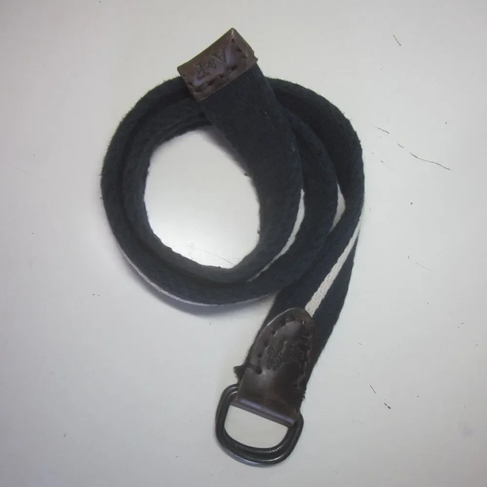 Abercrombie & Fitch Mens Woven Cotton Belt Size 32 Navy Blue w/ Leather Trim
